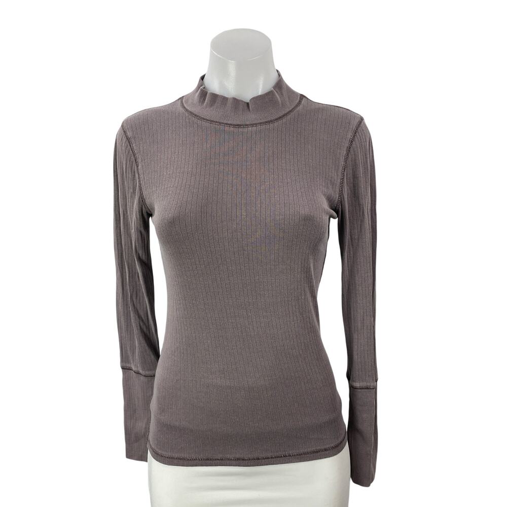 Free People Intimately Gray Brown Long Sleeves Ribbed Mock Tee T-shirt Top Sz M